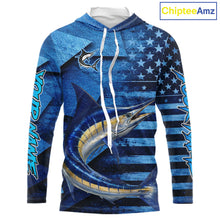 Load image into Gallery viewer, Marlin Hooded Fishing Shirts Long Sleeve With American Flag, Personalized Marlin Fishing Gift For Father Days NHT683