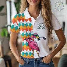 Load image into Gallery viewer, Funny Flamingo Womens Golf Polo Shirts Colorful Argyle Pattern Custom Name, Golf Gifts NBT562