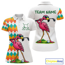 Load image into Gallery viewer, Funny Flamingo Womens Golf Polo Shirts Colorful Argyle Pattern Custom Name, Golf Gifts NBT562