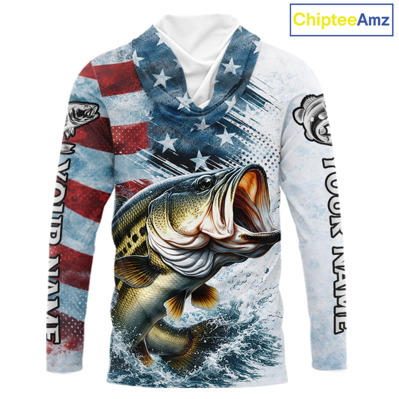 American Flag Custom Bass Long Sleeve Hooded Fishing Shirts, Patriotic Fishing Shirt NBT447