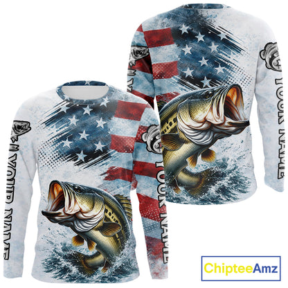 American Flag Custom Bass Fishing Shirts Long Sleeve, Patriotic Fishing Shirt NBT447