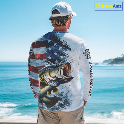 American Flag Custom Bass Fishing Shirts Long Sleeve, Patriotic Fishing Shirt NBT447
