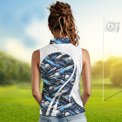 Womens Sleeveless Golf Polo Shirts Custom Black And Blue Golf Ball Pattern Golf Attire For Ladies, Golfer Gifts NBT575