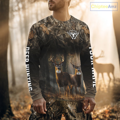 Personalized Forest Camo Deer Hunting Clothes Custom Name Whitetail Deer Design Hunting Hoodie NBT305