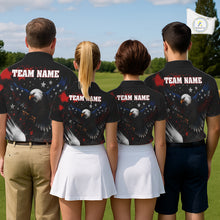 Load image into Gallery viewer, Four people wearing matching polo shirts with American flag eagle designs with custom team name on the back, standing on a golf course.
