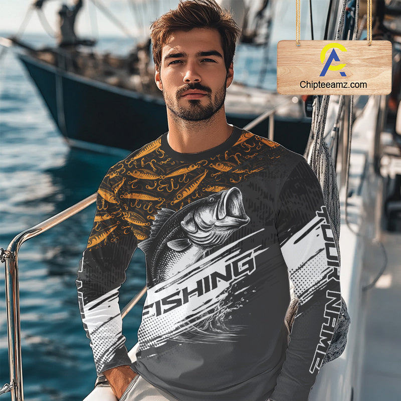 Personalized Bass Fishing Hood Long Sleeve UV Protection Custom Black & Yellow Shirts, Bass Tournament Jerseys NBT359