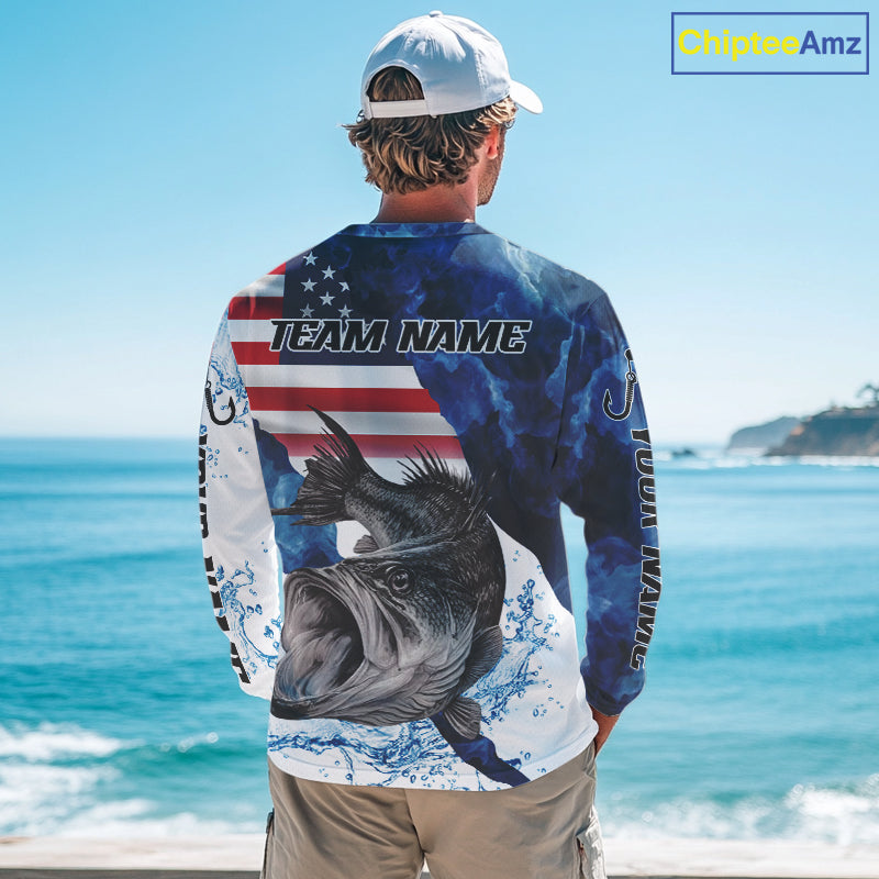 Blue Camo Bass Fishing American Flag Fishing Shirt, Bass Fishing Shirts Long Sleeve NBT458