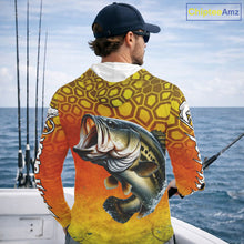 Load image into Gallery viewer, Personalized Bass Fishing Long Sleeve Hooded Fishing Shirt Yellow Camo, Bass Fishing Shirts NBT459