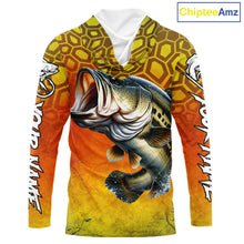 Load image into Gallery viewer, Personalized Bass Fishing Long Sleeve Hooded Fishing Shirt Yellow Camo, Bass Fishing Shirts NBT459