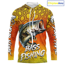 Load image into Gallery viewer, Personalized Bass Fishing Long Sleeve Hooded Fishing Shirt Yellow Camo, Bass Fishing Shirts NBT459