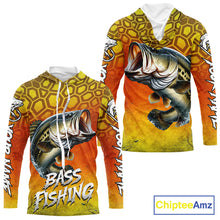 Load image into Gallery viewer, Personalized Bass Fishing Long Sleeve Hooded Fishing Shirt Yellow Camo, Bass Fishing Shirts NBT459