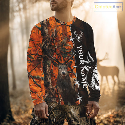 Orange Camo Deer Hunting Hoodie, Longsleeve Shirt for Red Deer Hunting Season, Hunter Gifts NBT11
