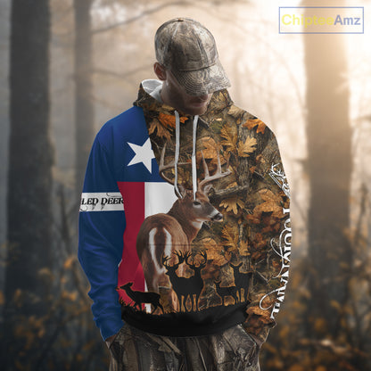 Texas Flag Fall Camo Whitetail Deer Hunting Hoodie, Longsleeve Shirt - Personalized Name Option NBT12