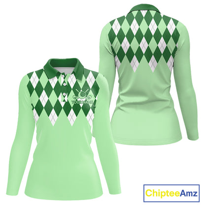 Green Argyle Plaid Pattern Womens Golf Polo Shirt Custom Golf Polo Shirt For Ladies, Golfing Gifts NBT594