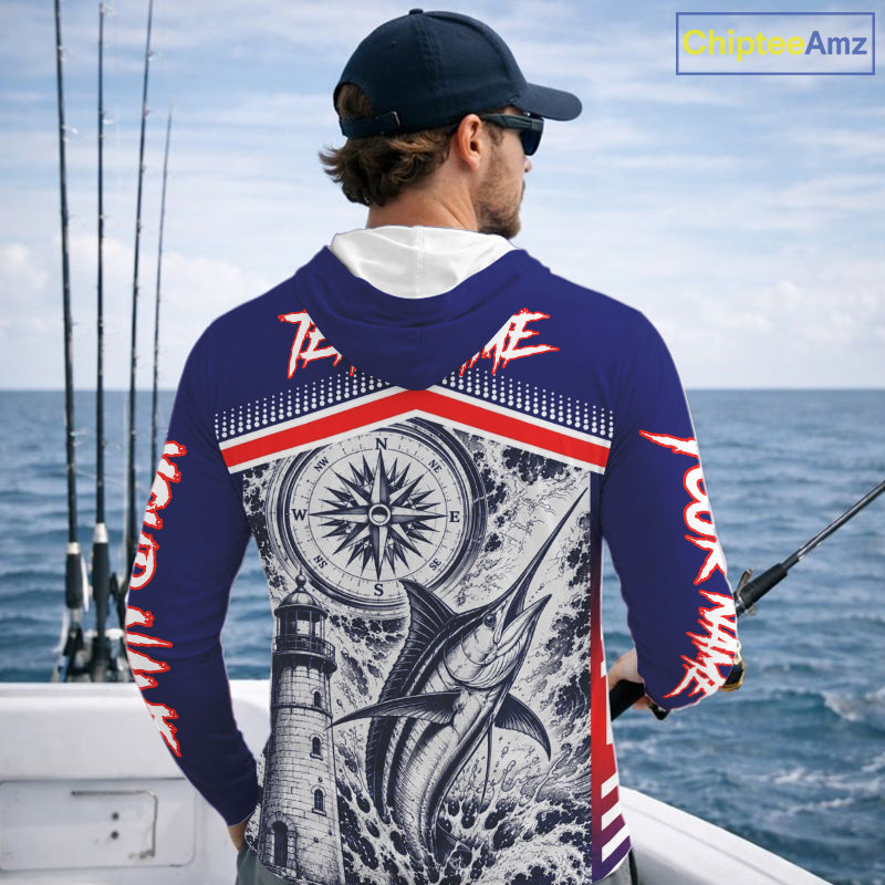 Angler wearing personalized Marlin blue long sleeve hooded performance fishing shirt on the boat - back view with personalized name