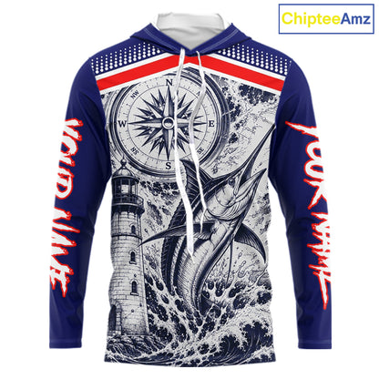 Front view of personalized Marlin blue long sleeve hooded performance fishing shirt with compass design