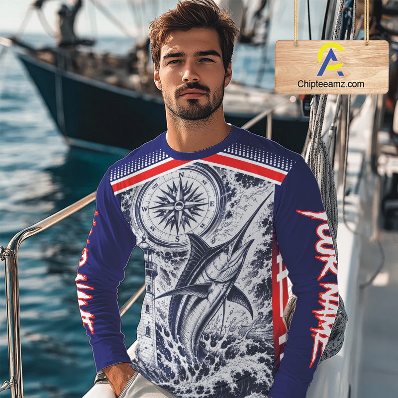 Angler wearing personalized Marlin blue long sleeve performance fishing shirt on the boat