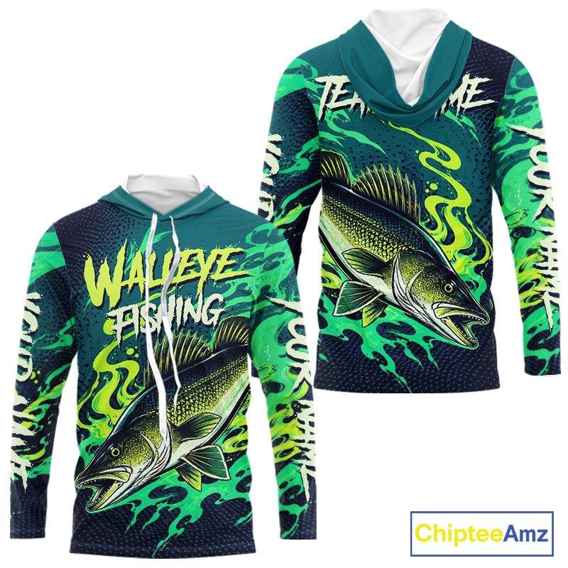 Front and back view of custom Walleye fishing green camo long sleeve hooded  fishing jersey for teams