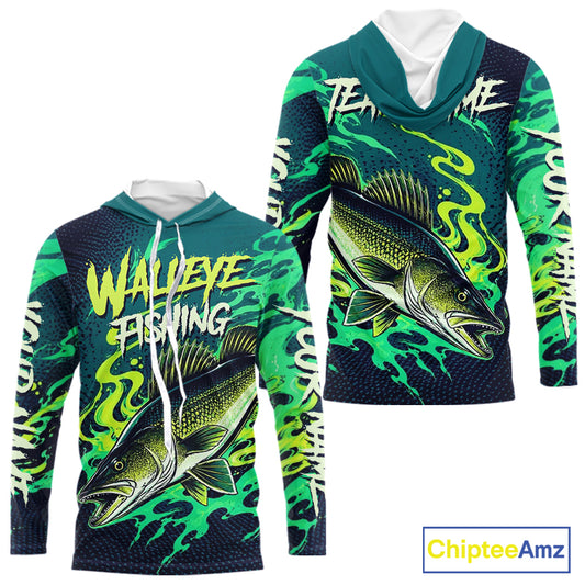 Front and back view of custom Walleye fishing green camo long sleeve hooded  fishing jersey for teams