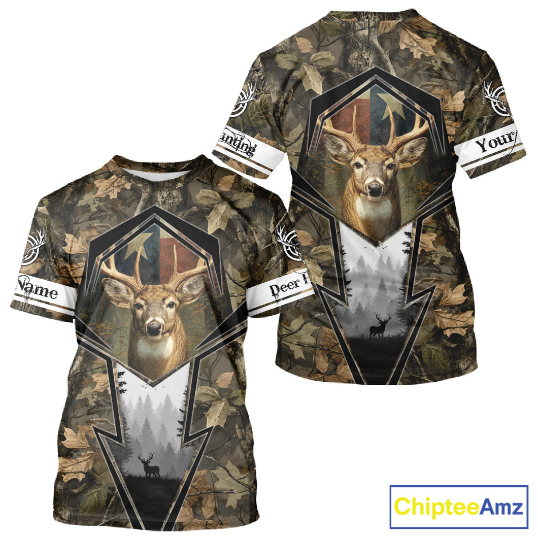 Deer Hunting Camouflage TX Flag Custom Name All Over Print Shirts, Personalized Hunting Clothes NBT110