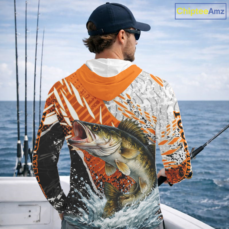 Walleye Fishing Shirt Long Sleeve Hooded Orange Camo, Persionalized Walleye Fishing Jerseys NBT406