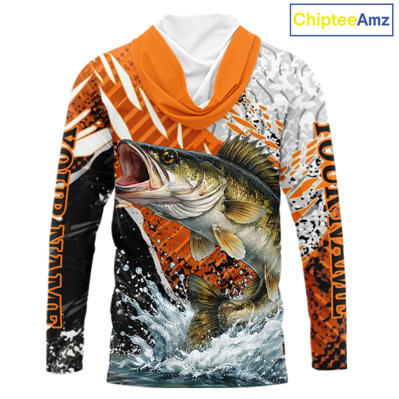 Walleye Fishing Shirt Long Sleeve Hooded Orange Camo, Persionalized Walleye Fishing Jerseys NBT406