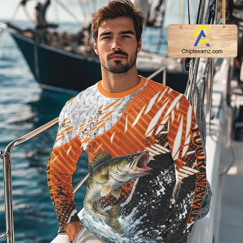 Walleye Fishing Shirts Long Sleeve Orange Camo, Personalized Walleye Fishing Jerseys NBT406