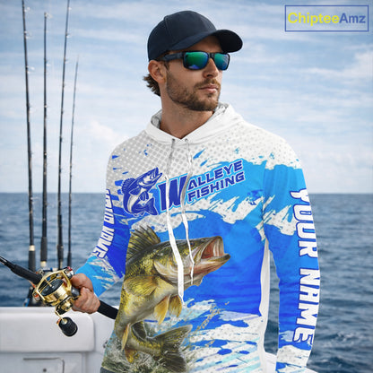 Blue Camo Walleye Fishing Shirt Long Sleeve Hooded, Walleye Fishing Jerseys NBT407