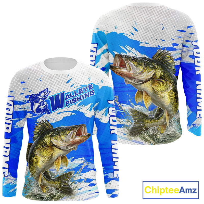 Blue Camo Walleye Fishing Shirts Long Sleeve, Walleye Fishing Jerseys NBT407