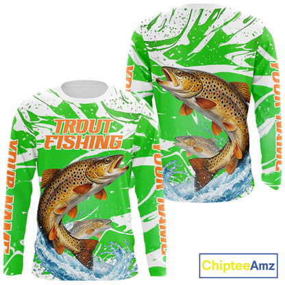 Big Brown Trout Fishing Shirts Long Sleeve Green Camo Custom Name, Tournament Fishing Jerseys NBT411