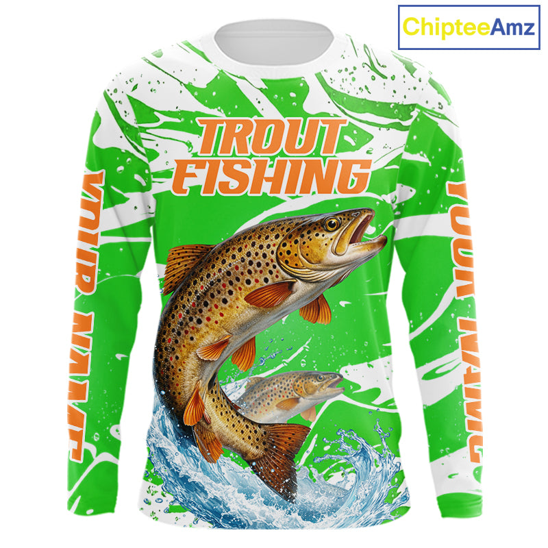 Big Brown Trout Fishing Shirts Long Sleeve Green Camo Custom Name, Tournament Fishing Jerseys NBT411