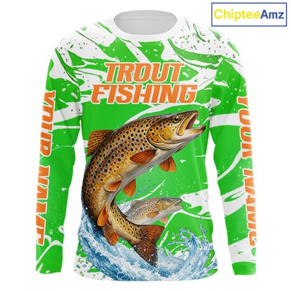 Big Brown Trout Fishing Shirts Long Sleeve Green Camo Custom Name, Tournament Fishing Jerseys NBT411