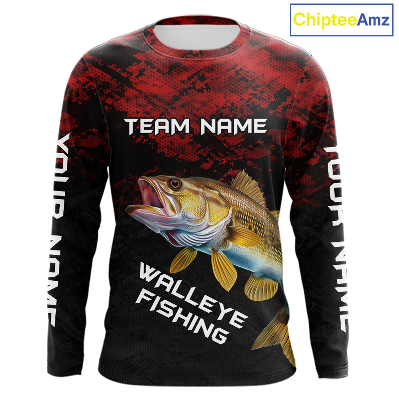 Personalized Walleye Long Sleeve Fishing Shirts Red Camo Custom Name Walleye Fishing Shirts NBT371