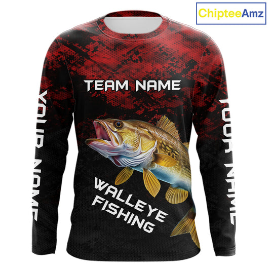 Personalized Walleye Long Sleeve Fishing Shirts Red Camo Custom Name Walleye Fishing Shirts NBT371