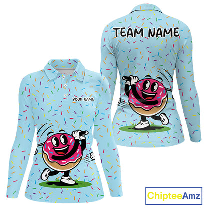 Funny Pink Donut Golf Polo Shirts For Womens, Golf Polo Shirts Custom Donut Pattern, Funny Golf Shirts NBT607