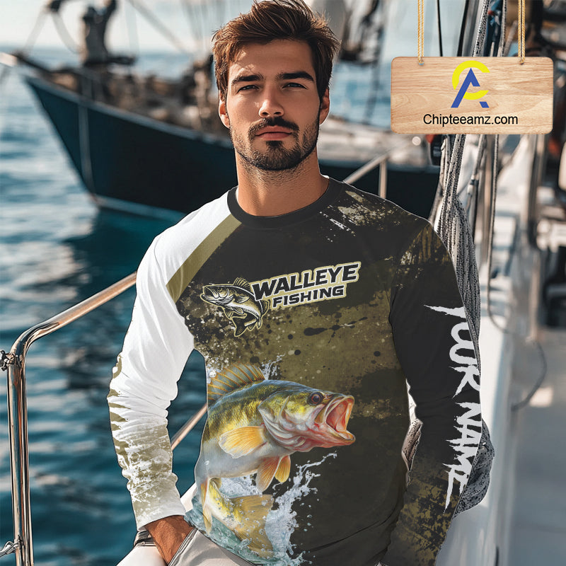 Green Camo Custom Walleye Fishing Shirts Long Sleeve, Walleye Fishing Jerseys NBT413