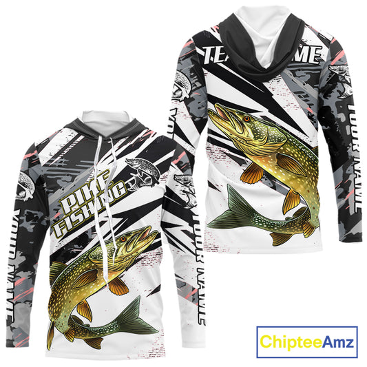 Gray Camo Pike Fishing Jerseys For Men, Custom Pike Fishing Shirt Long Sleeve Hooded NBT415