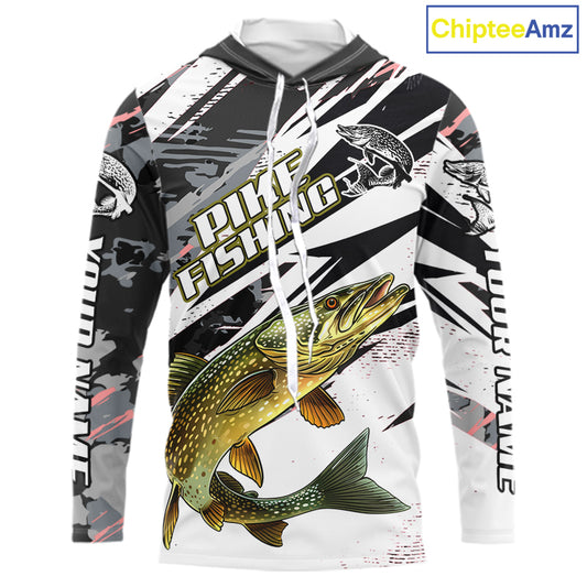 Gray Camo Pike Fishing Jerseys For Men, Custom Pike Fishing Shirt Long Sleeve Hooded NBT415