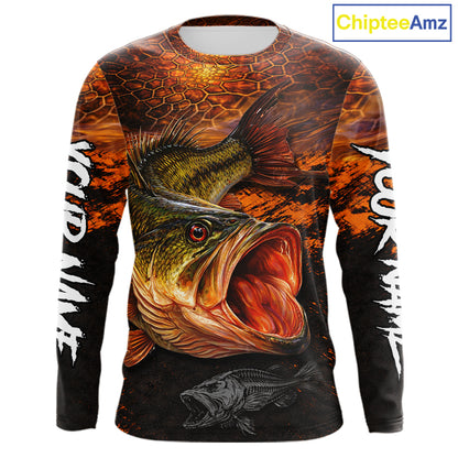 Personalized Big Bass Fishing Jerseys Orange Camo, Bass Fishing Shirts Long Sleeve NBT416