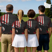 Load image into Gallery viewer, American Flag Patriotic Mens Golf Polo Shirt for team golf group - multiple golfers wearing red white Amẻican flag Polo shirts, custom name available