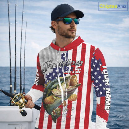 Freedom 250 Bass Long Sleeve Hooded Fishing Shirts American Flag Fishing, Custom Bass Shirts With US Flag NBT374