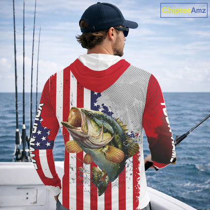 Freedom 250 Bass Long Sleeve Hooded Fishing Shirts American Flag Fishing, Custom Bass Shirts With US Flag NBT374