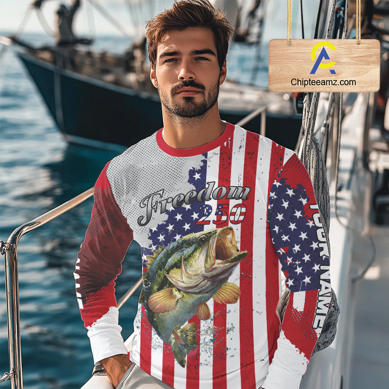 Freedom 250 Bass Fishing Shirts Long Sleeve American Flag Fishing, Custom Bass Shirts With US Flag NBT374