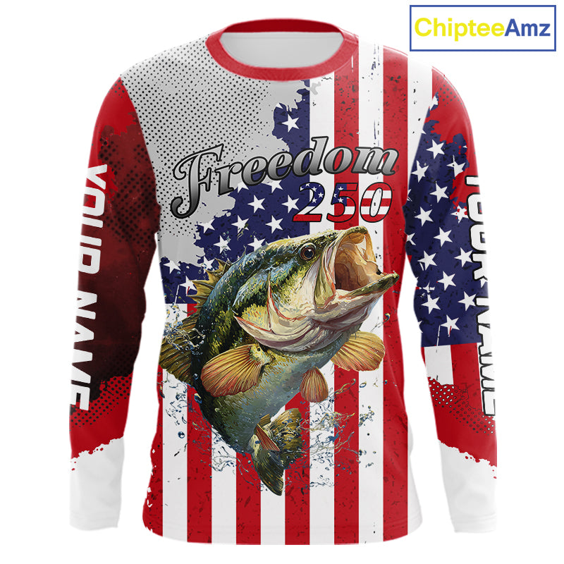 Freedom 250 Bass Fishing Shirts Long Sleeve American Flag Fishing, Custom Bass Shirts With US Flag NBT374