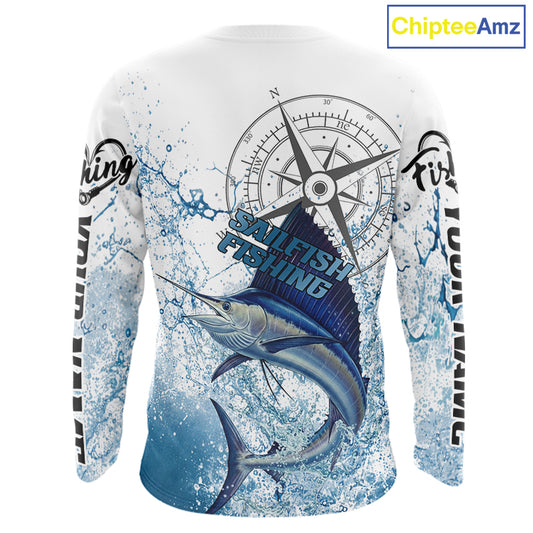 Custom Sailfish Long Sleeve Fishing Shirts Saltwater Fish, Compass Offshore Tournament Fishing Shirts NBT375