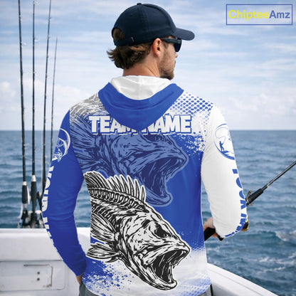 Blue Camo Bass Fishing Jerseys For Fishing Team, Bass Skeleton Fishing Shirts Long Sleeve Hooded NBT418