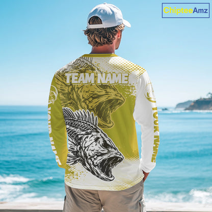 Yellow Camo Bass Fishing Jerseys For Fishing Team, Bass Skeleton Fishing Shirts Long Sleeve NBT419