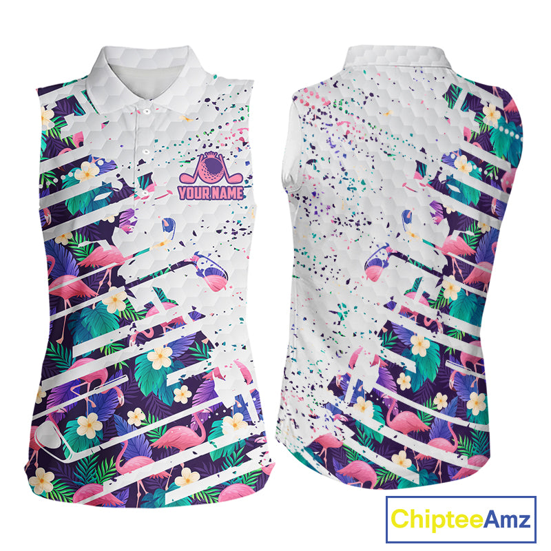 Women Sleeveless Flamingo Golf Polo Shirt, Colorful Tropical Flamingo Pattern, Tropical Golf Shirt NBT477