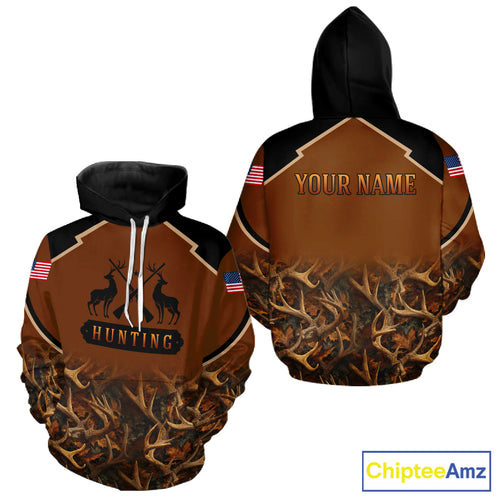 Brown Camo Deer Hunting Shirts with American Flag for Men, Hunting Gift Ideas for Hunters NBT223