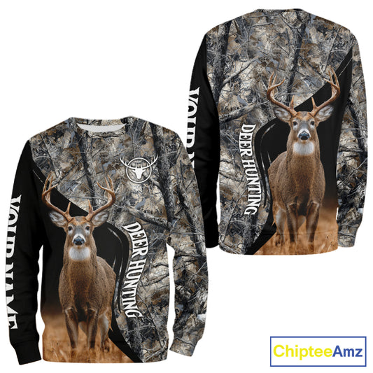 Winter Whitetail Deer Camo Customize Name 3D All Over Printed Long Sleeve Hunting Shirts for Men NBT332